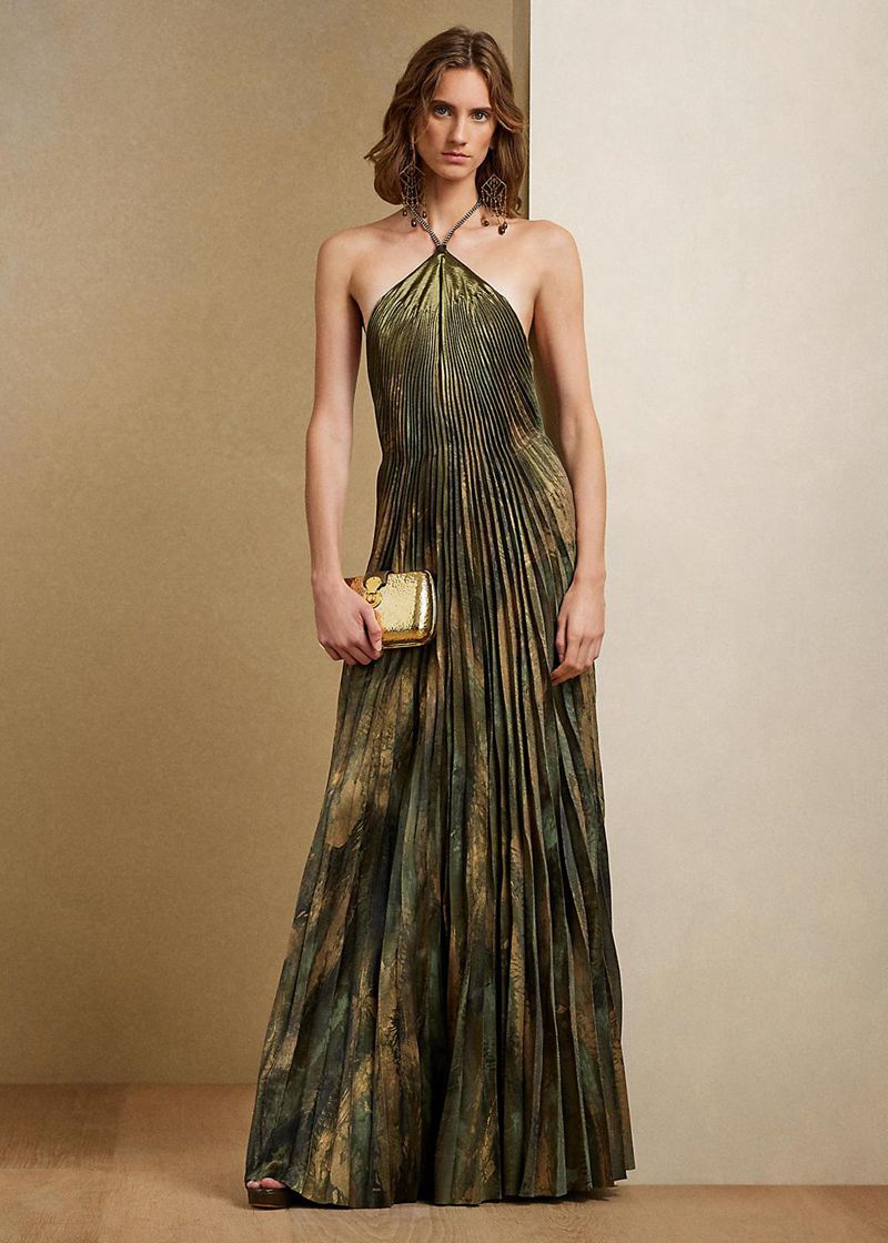 Sukienka Ralph Lauren Damska Brązowe Kellen Pleated Satin Evening 602157-ERL
